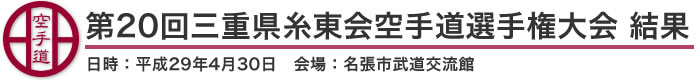 第20回三重県糸東会空手道選手権大会　結果（日時：2017年［平成29年］4月30日　会場：三重県・名張市武道交流館）